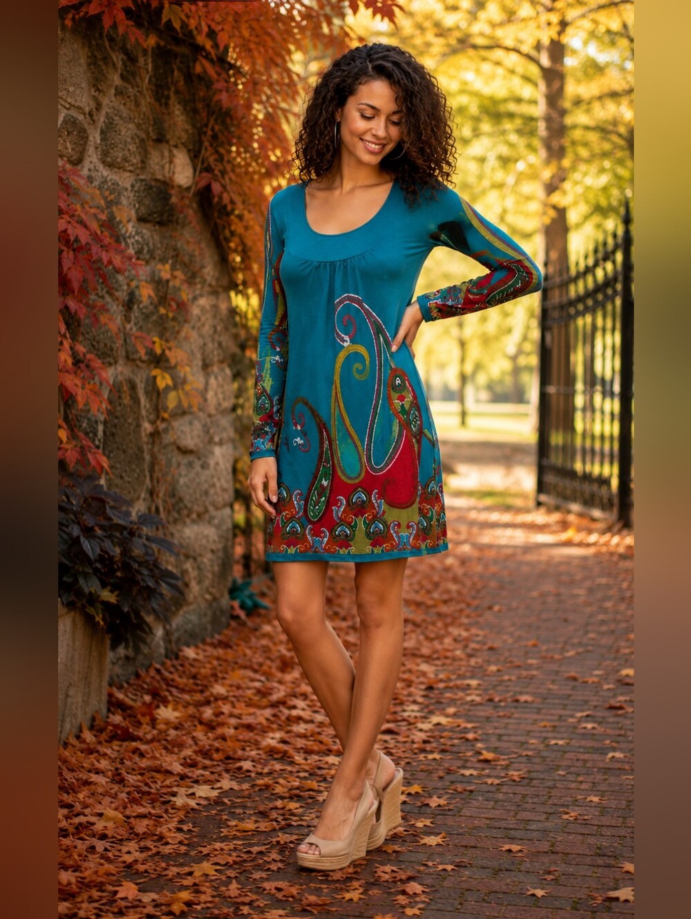 Aryeh Paisley Dress Small Boho Stretch Knit Long Sleeve Stretch Chic Retro Fall